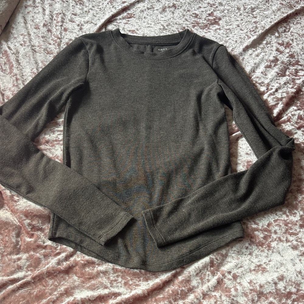 American Eagle Long Sleeve Crewneck Top - Chocolate Brown
